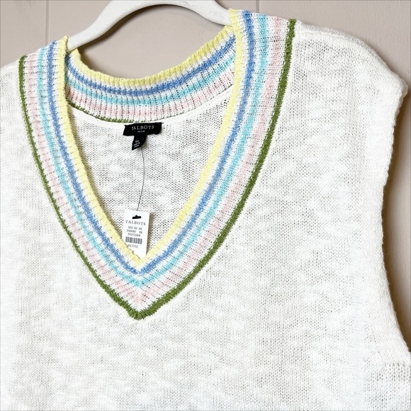 Talbots NWT Tipped V Neck Slub Vest Large Petite LP sweater knit white linen - Picture 3 of 11